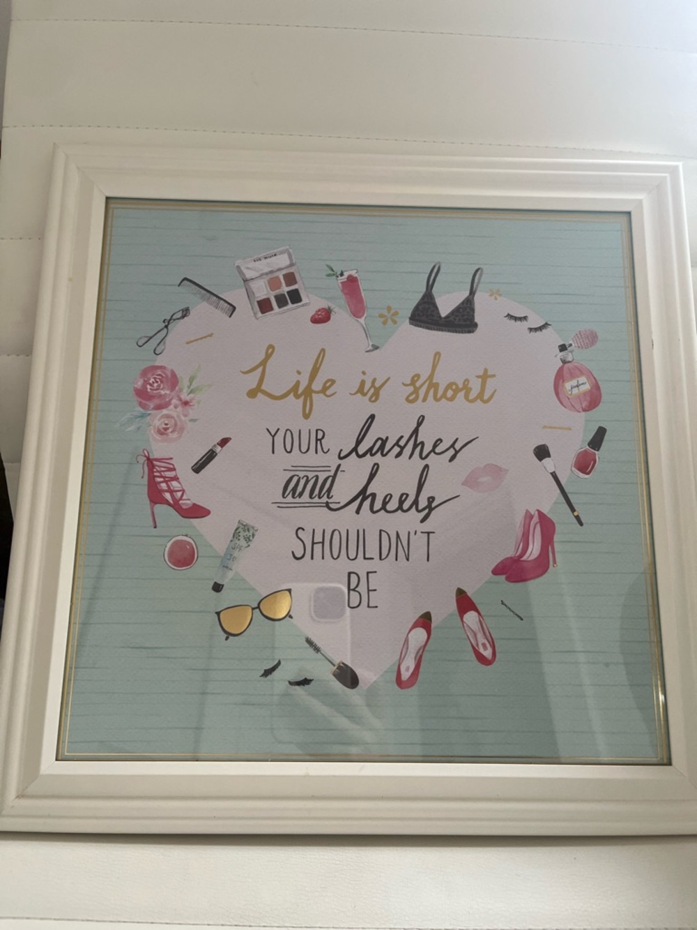 Chic Fashion Decorative Framed Quote Art - Mint, Pink, Gold Heels, Lipstick